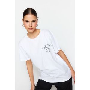 Trendyol White 100% Cotton Front and Back City Printed Boyfriend Crew Neck Knitted T-Shirt obraz