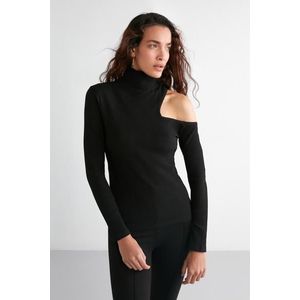 GRIMELANGE Sandy Women's Irregular Ribbed Flexible Fabric One Shoulder Open Black Blouse obraz