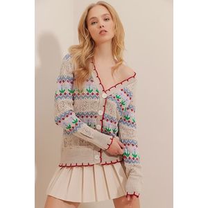 Trend Alaçatı Stili dámský béžový svetr s otevřeným vzorem obraz