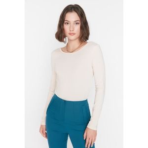 Trendyol Stone Crew Neck Low-Cut Back Long Sleeved Flexible Knitted Body with Snap Button obraz