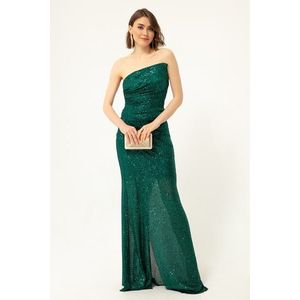 Lafaba Women's Emerald Green Strapless Slit Sequined Long Evening Dress obraz