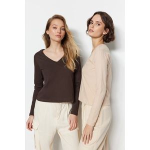 Trendyol Brown-Beige 100% Cotton 2-Pack Basic V Neck Knitted T-Shirt obraz