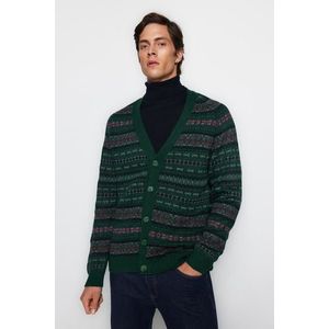 Pánský zelený svetr s výstřihem do V a žakárovým pletením od značky Trendyol obraz