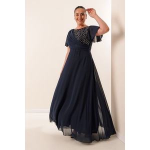 By Saygı Wide Size Range Damson Long Plus Size Chiffon Front Beaded Embroidered Lining obraz