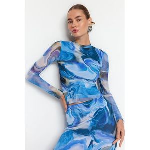 Trendyol Blue Patterned Draped Sheer Backless Fitted/Situated Tulle Knitted Blouse obraz
