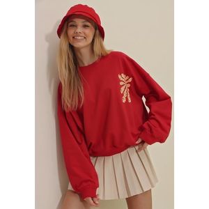 Trend Alaçatı Stili Women's Red Crew Neck Warmenergy Printed Sweatshirt obraz