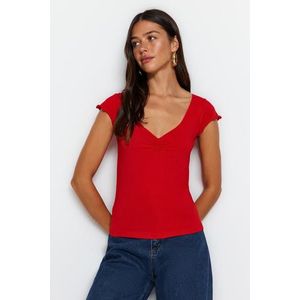 Trendyol Red Cotton Smocked V-Neck Slim Fit Knitted Blouse obraz