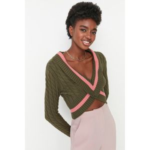 Trendyol Khaki Crop Detailní pletený svetr obraz