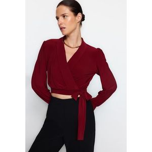 Trendyol Claret Red Double Breasted Crop Stretch Knitted Blouse obraz