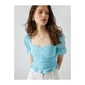 Koton Embroidered T-Shirt Sweetheart Neck Balloon Sleeves Frilly obraz