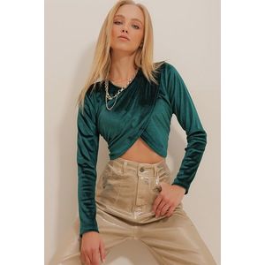 Trend Alaçatı Stili Women's Green Crew Neck Wrapped Velvet Crop Top Shirt obraz