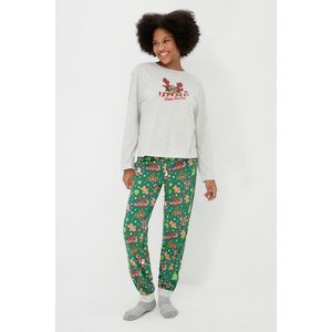 Trendyol šedý melír 100% bavlněný vánoční tematický tričko-kalhoty a pletené pyžamo set obraz