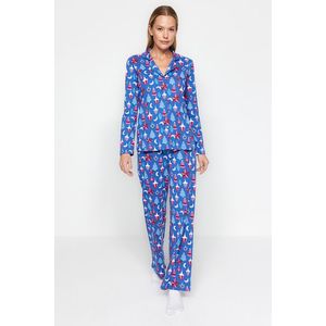 Trendyol Blue 100% Cotton Christmas Themed Shirt-Pants and Knitted Pajamas Set obraz