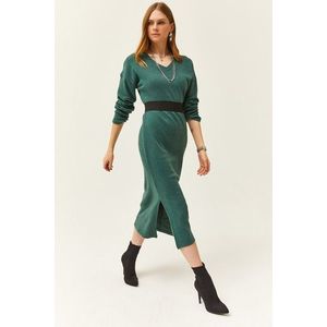 Olalook Women's Green V Case Side Slit Thick Ribbed Dress obraz