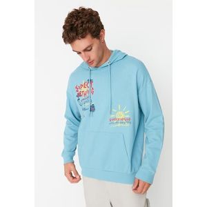 Trendyol Blue Men's Oversize/Wide-Cut Hoodie Printed Sweatshirt obraz