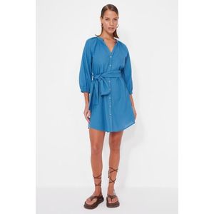 Trendyol Blue Beltted Mini tkané plážové šaty ze 100% bavlny obraz