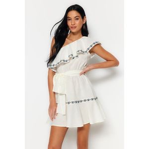 Trendyol Ecru Belted Mini Weave Stripe Accessoried One-Shoulder 100% Cotton Beach Dress obraz