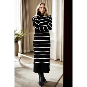 Z3059 Dewberry Womens Striped Long Sleeve Knitwear Dress-BLACK obraz