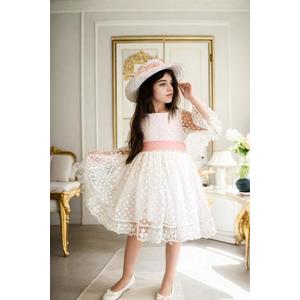 N8712 Dewberry Princess Model Girls Dress with Hat & Lace-WHITE obraz