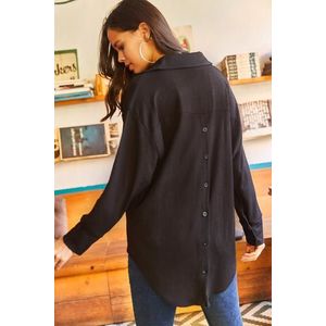 Olalook Women's Black Textured Oversized Shirt with Buttons at the Back obraz