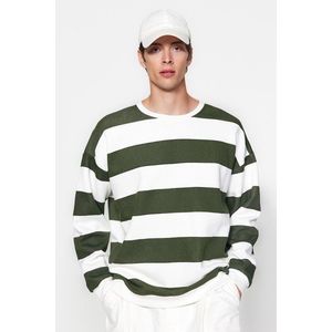 Trendyol Green Unisex Oversize/Wide Cut Striped Cotton Sweatshirt with Fleece Inside obraz