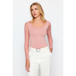 Trendyol Pale Pink Square Neck Lace Sleeve Knitted Bodysuit obraz