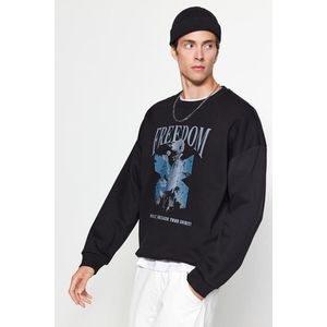Trendyol Black Men's Oversize/Wide-Fit Crew Neck Printed Fleece Interior Cotton Sweatshirt. obraz