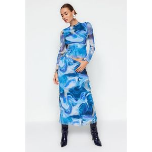 Trendyol Blue Patterned Tulle Lined A-Line/Awning Formal Midi Knit Skirt obraz