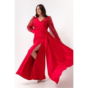 Lafaba Dámské červené V-Neck Plus Size Dlouhé večerní šaty s kameny a rozparkem na rukávech obraz