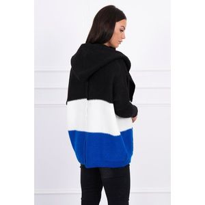 Tříbarevný svetr s kapucí černá+ecru+fialovo-modrá obraz