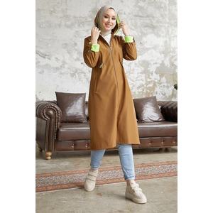 InStyle Neon Trench with Drawstring Waist Hooded - Tan \ Green obraz