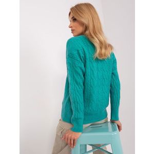 Tyrkysový svetr s kabely a kulatým výstřihem obraz