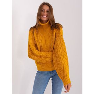 Tmavě žlutý dámský oversize svetr s rolákem obraz