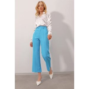Trend Alaçatı Stili dámské tyrkysově modré kalhoty s tkaným límcem a šitím vpředu obraz