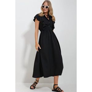 Trend Alaçatı Stili Dámské černé šaty s límečkem, poloviční volánkový detail, skrytý zip, midi délka obraz