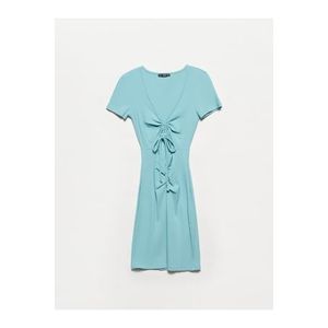 Dilvin 9133 V-Neck Dress with Pleated Front-turquoise obraz