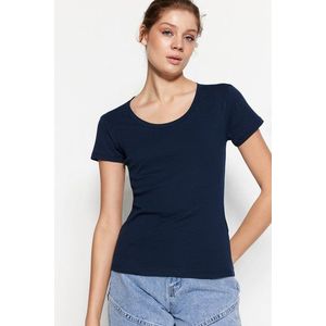 Trendyol Navy Blue 100% Cotton Fitted Basic Crew Neck Knitted T-Shirt obraz