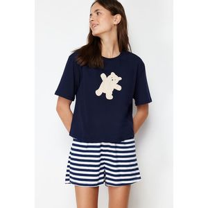 Trendyol Navy Blue 100% Cotton Teddy Bear Printed Knitted Pajamas Set obraz