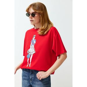 Trendyol Red Printed Relaxed Crew Neck Knitted T-Shirt obraz