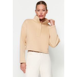 Trendyol Mink Relaxed-Cut Crop Stand-Up Collar Snap Fastener Thick Fleece Knitted Sweatshirt obraz