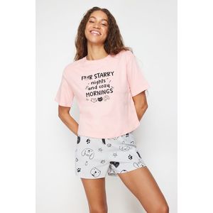 Trendyol Pink-Grey 100% Cotton Motto Printed Knitted Pajamas Set obraz
