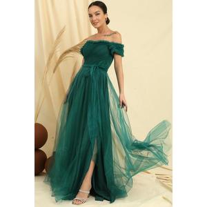 By Saygı Frilly Belted Collar And Sleeves Lined Long Tulle Dress obraz