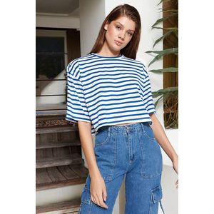 Trendyol Navy Striped Relaxed/Wide Comfortable Cut Crop Crew Neck Knitted T-Shirt obraz