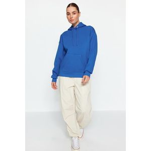Trendyol Sax Hoody with a Printed Back Oversized/Wide-Wide Fit Fleece Inside Knitted Sweatshirt obraz