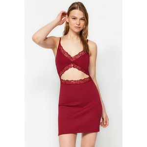 Trendyol Burgundy Cotton Lace Detailed Ribbed Knitted Nightdress with Strap obraz