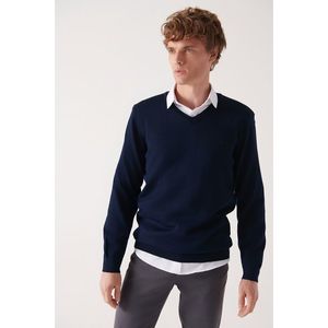 Avva Men's Navy Blue V Neck Wool Blended Regular Fit Knitwear Sweater obraz