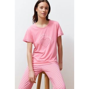 Trendyol Pink Slogan Printed Polka Dot Knitted Pajamas Set obraz