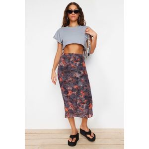 Trendyol Anthracite High Waist Printed Midi Stretchy Lined Tulle Knitted Skirt obraz