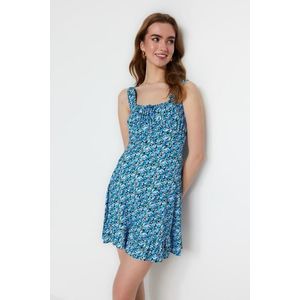 Trendyol Blue Printed Square Collar Ruffle A-Line Mini Knitted Dress obraz