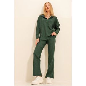 Trend Alaçatı Stili Women's Walnut Green Polo Neck Top And Palazzon Trousers Knitwear Bottom Top Set obraz